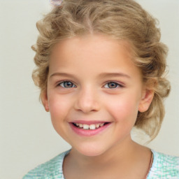 Joyful white child female with short  brown hair and blue eyes