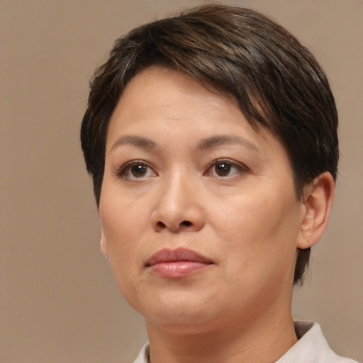 Neutral white adult female with short  brown hair and brown eyes