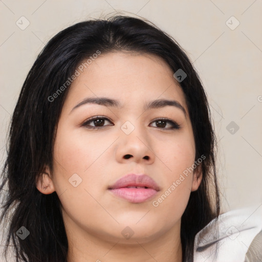 Neutral asian young-adult female with medium  brown hair and brown eyes