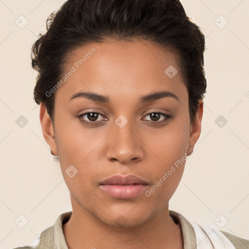 Neutral white young-adult female with short  brown hair and brown eyes