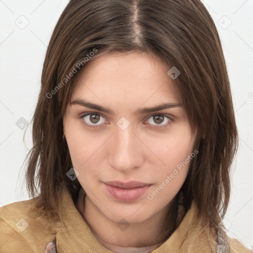 Neutral white young-adult female with medium  brown hair and brown eyes