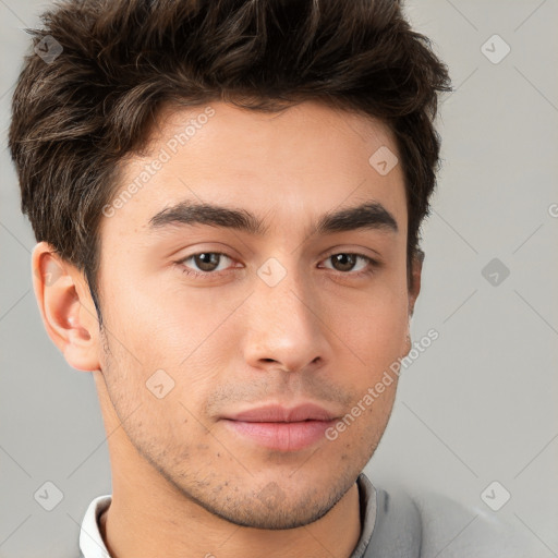 Neutral white young-adult male with short  brown hair and brown eyes