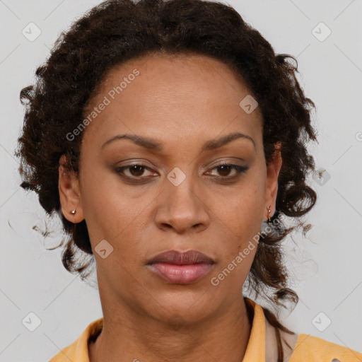 Neutral black adult female with medium  brown hair and brown eyes