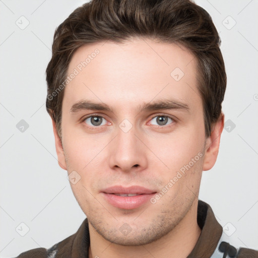 Neutral white young-adult male with short  brown hair and grey eyes