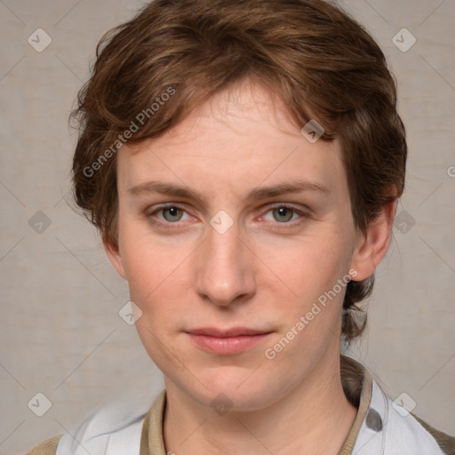 Neutral white young-adult female with medium  brown hair and grey eyes