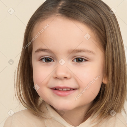 Joyful white child female with medium  brown hair and brown eyes