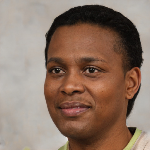 Joyful black young-adult male with short  black hair and brown eyes