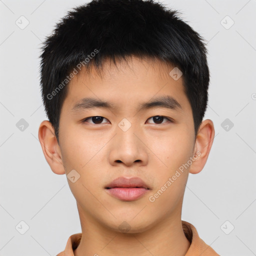 Neutral asian young-adult male with short  brown hair and brown eyes