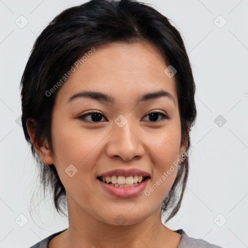 Joyful white young-adult female with medium  black hair and brown eyes