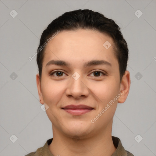 Joyful white young-adult female with short  brown hair and brown eyes