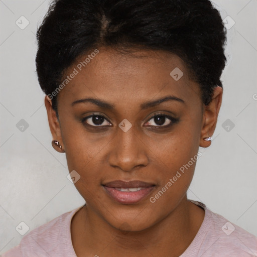 Joyful black young-adult female with short  brown hair and brown eyes