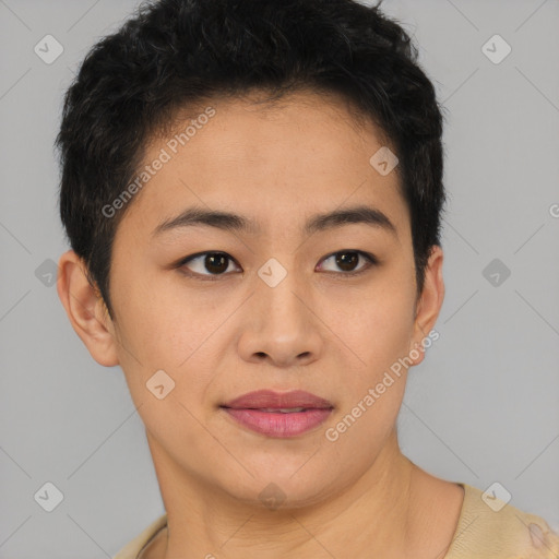 Joyful asian young-adult female with short  brown hair and brown eyes