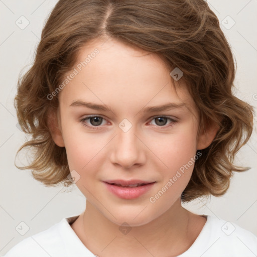 Joyful white child female with medium  brown hair and brown eyes