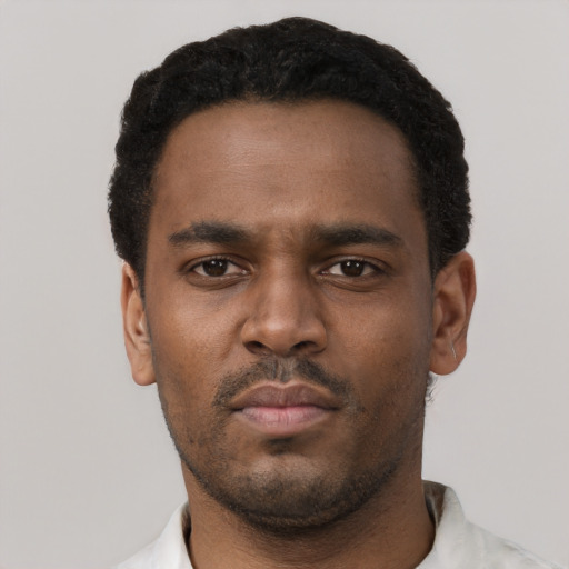 Neutral black young-adult male with short  black hair and brown eyes