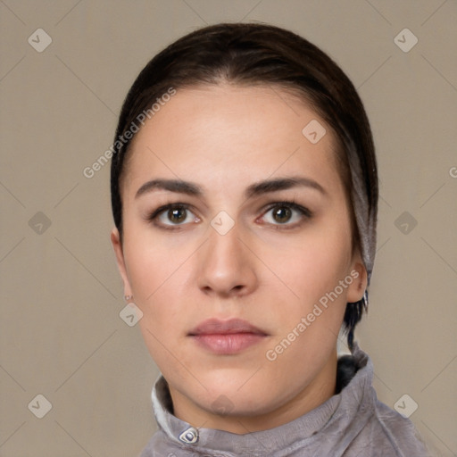 Neutral white young-adult female with short  brown hair and brown eyes