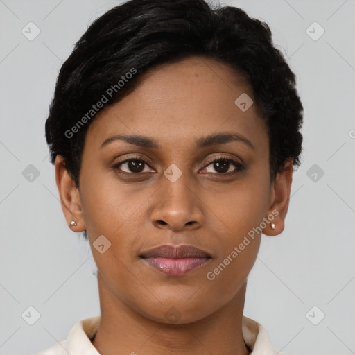 Joyful black young-adult female with short  brown hair and brown eyes