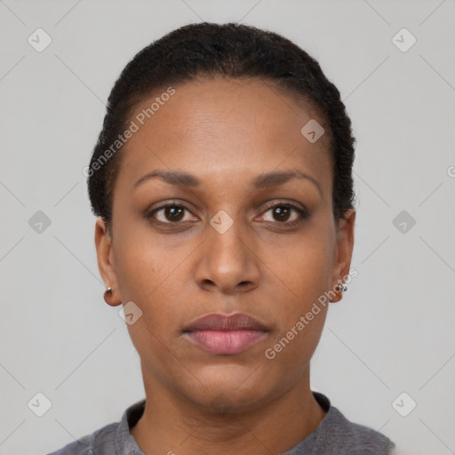 Neutral black young-adult female with short  black hair and brown eyes