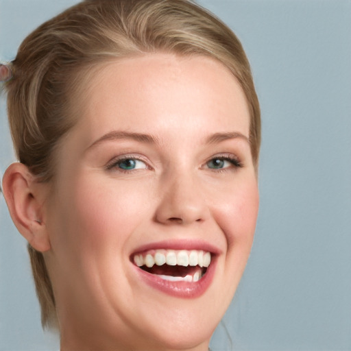 Joyful white young-adult female with long  brown hair and blue eyes