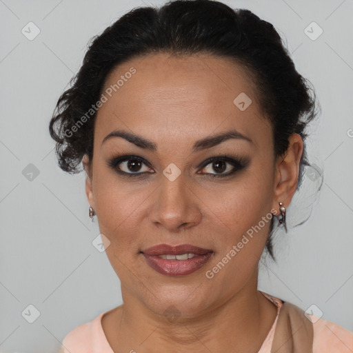 Joyful latino young-adult female with short  brown hair and brown eyes