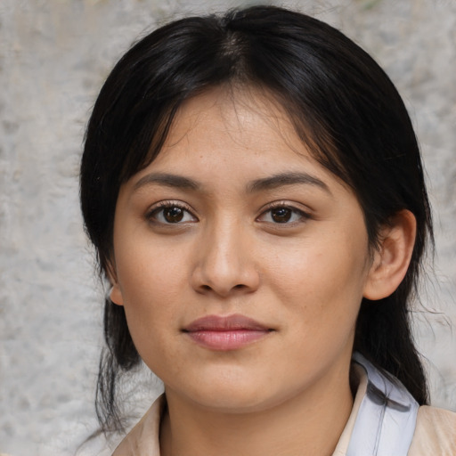Neutral white young-adult female with medium  black hair and brown eyes