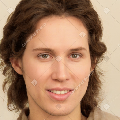 Joyful white young-adult female with medium  brown hair and green eyes