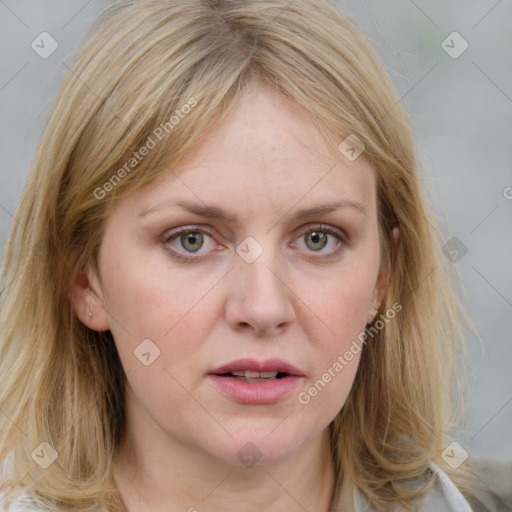 Joyful white young-adult female with medium  brown hair and blue eyes