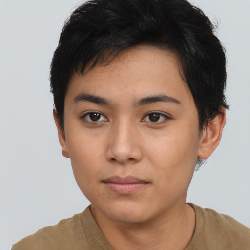 Neutral asian young-adult female with short  brown hair and brown eyes