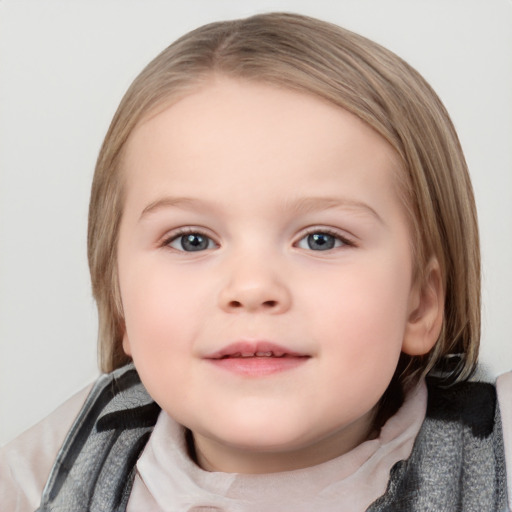 Neutral white child female with medium  brown hair and blue eyes