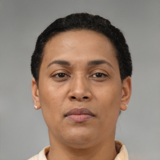 Neutral latino young-adult female with short  brown hair and brown eyes