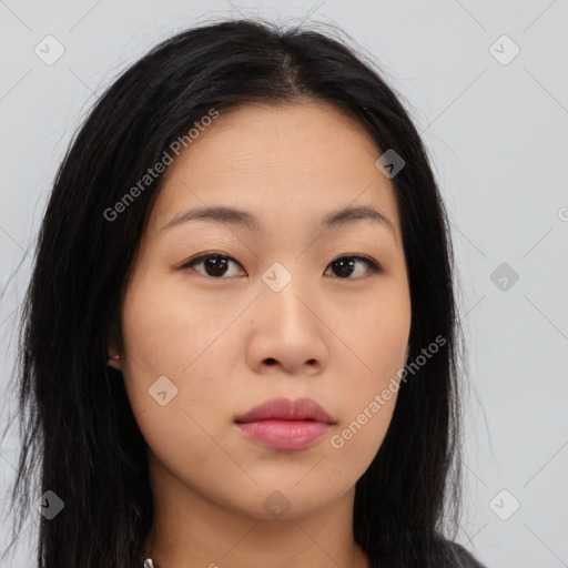 Neutral asian young-adult female with long  brown hair and brown eyes