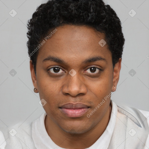 Joyful black young-adult male with short  brown hair and brown eyes
