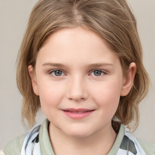 Joyful white child female with medium  brown hair and grey eyes