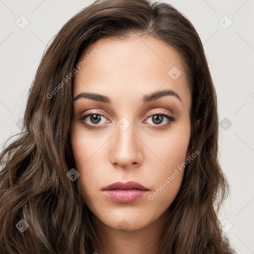 Neutral white young-adult female with long  brown hair and brown eyes