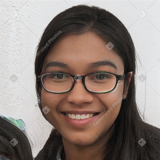 Joyful latino young-adult female with long  brown hair and brown eyes