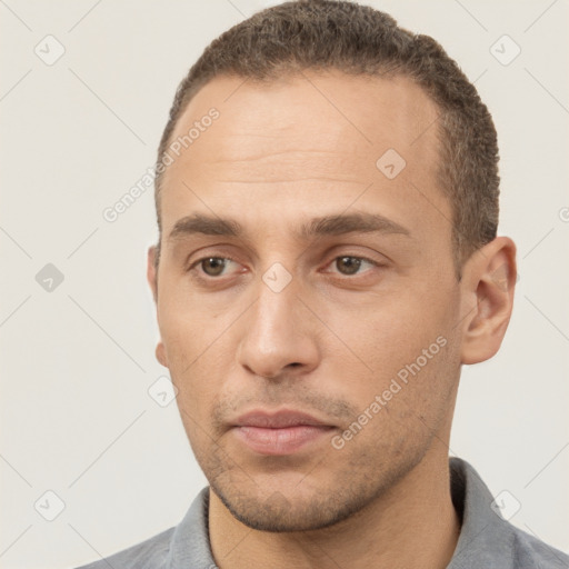 Neutral white young-adult male with short  brown hair and brown eyes