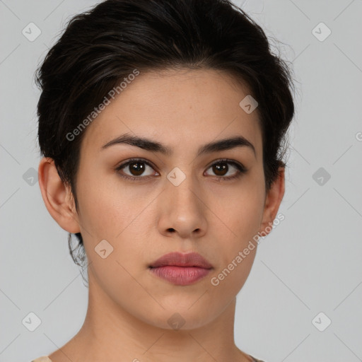 Neutral white young-adult female with short  brown hair and brown eyes