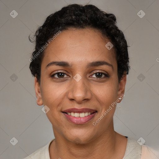 Joyful latino young-adult female with short  brown hair and brown eyes