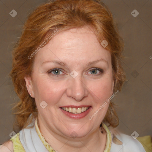 Joyful white adult female with medium  brown hair and blue eyes