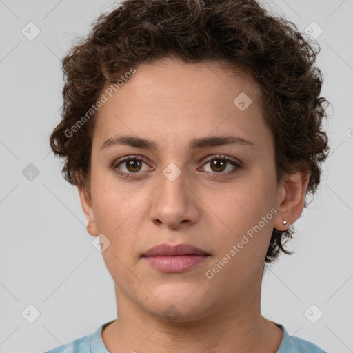 Neutral white young-adult female with short  brown hair and brown eyes