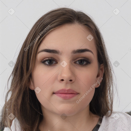 Neutral white young-adult female with medium  brown hair and brown eyes