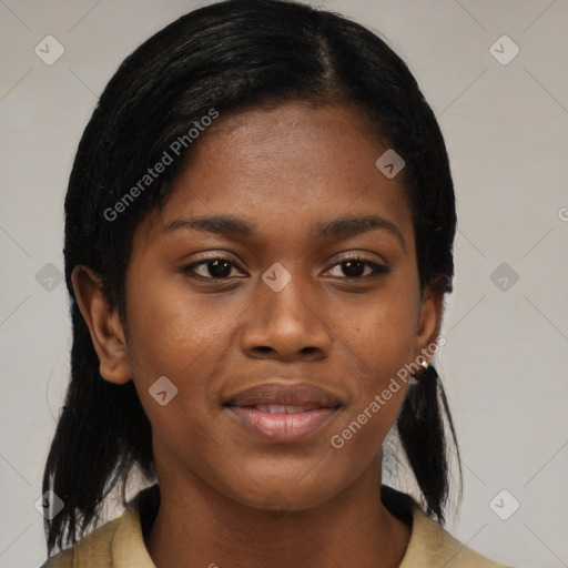 Joyful black young-adult female with medium  black hair and brown eyes