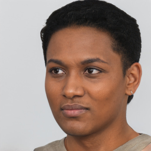 Neutral black young-adult female with short  black hair and brown eyes