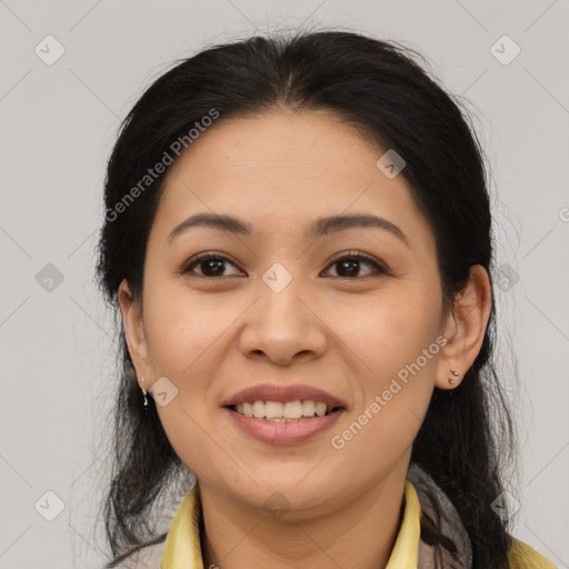 Joyful asian young-adult female with medium  brown hair and brown eyes