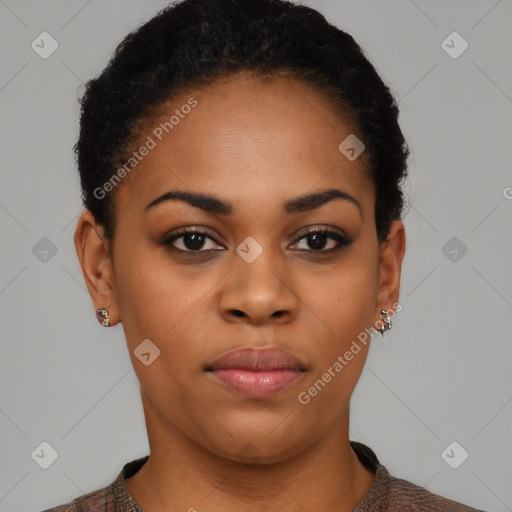 Neutral black young-adult female with short  black hair and brown eyes