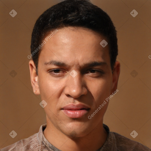 Joyful latino adult male with short  black hair and brown eyes