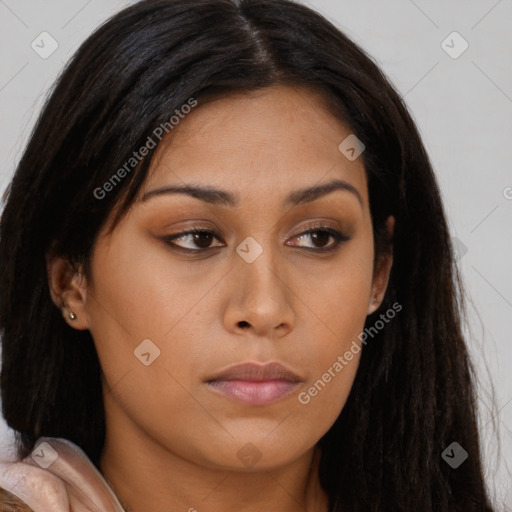 Neutral asian young-adult female with long  brown hair and brown eyes