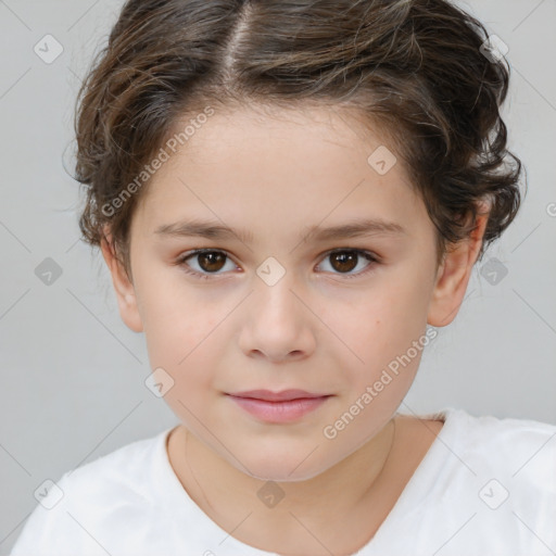 Joyful white child female with medium  brown hair and brown eyes