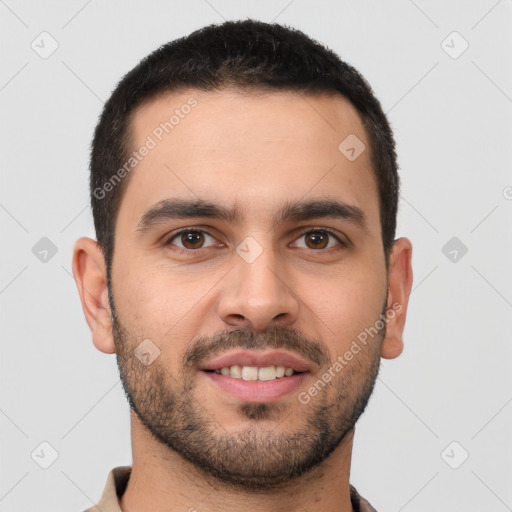 Joyful white young-adult male with short  brown hair and brown eyes