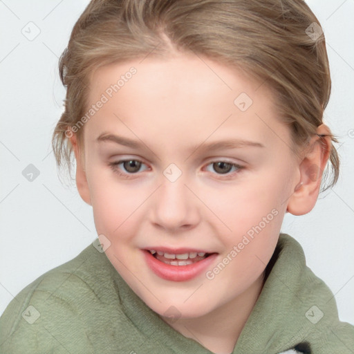 Joyful white child female with medium  brown hair and blue eyes