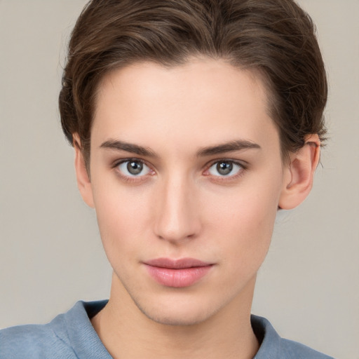 Neutral white young-adult female with short  brown hair and brown eyes